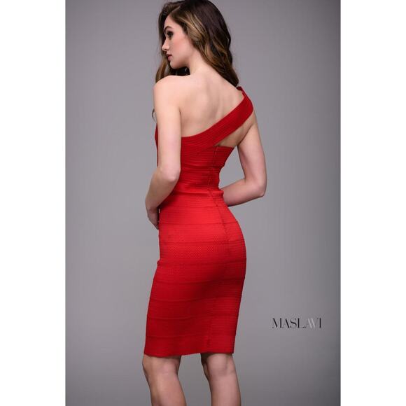 NWT Jovani Red Bandage One Shoulder Mini Dress Bodycon Stretch Knit 00 - Picture 2 of 13
